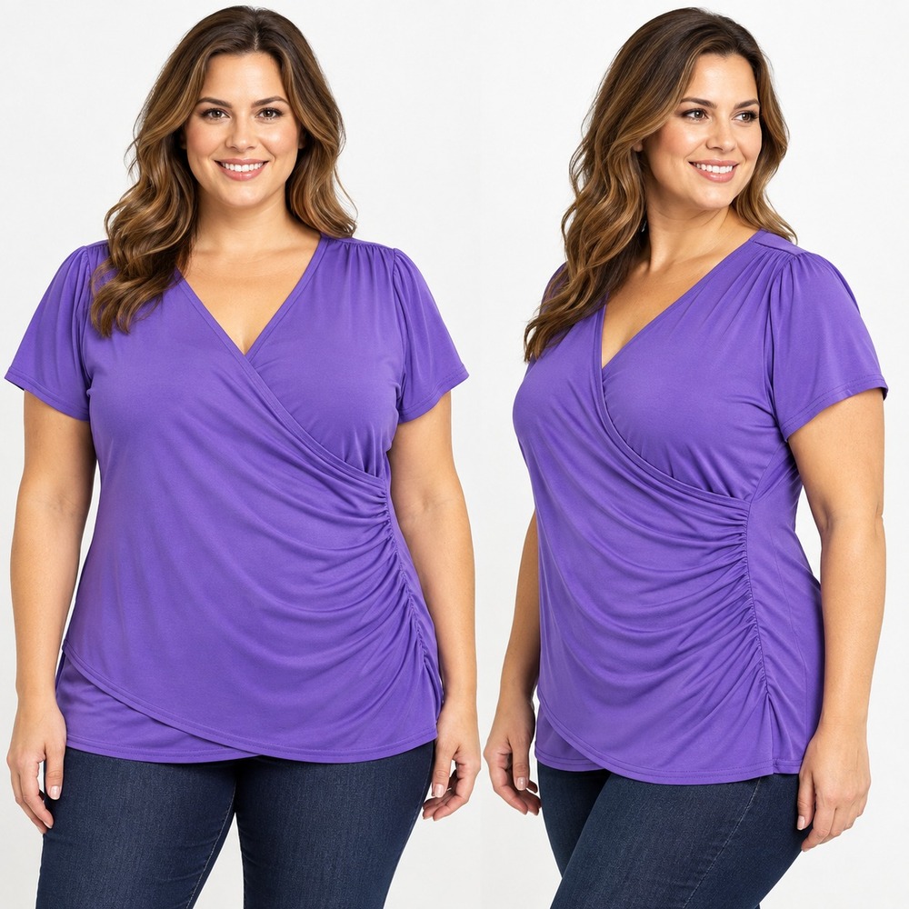 Coldwater Creek Top 2X Womens Purple Faux Wrap Ruched V Neck Short Sleeve Blouse